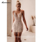 Lakshmigown Sexy Deep V-neck Wedding Dress For Bride Backless Feathers Bridal Gown Vestido De Novia Shiny Customized