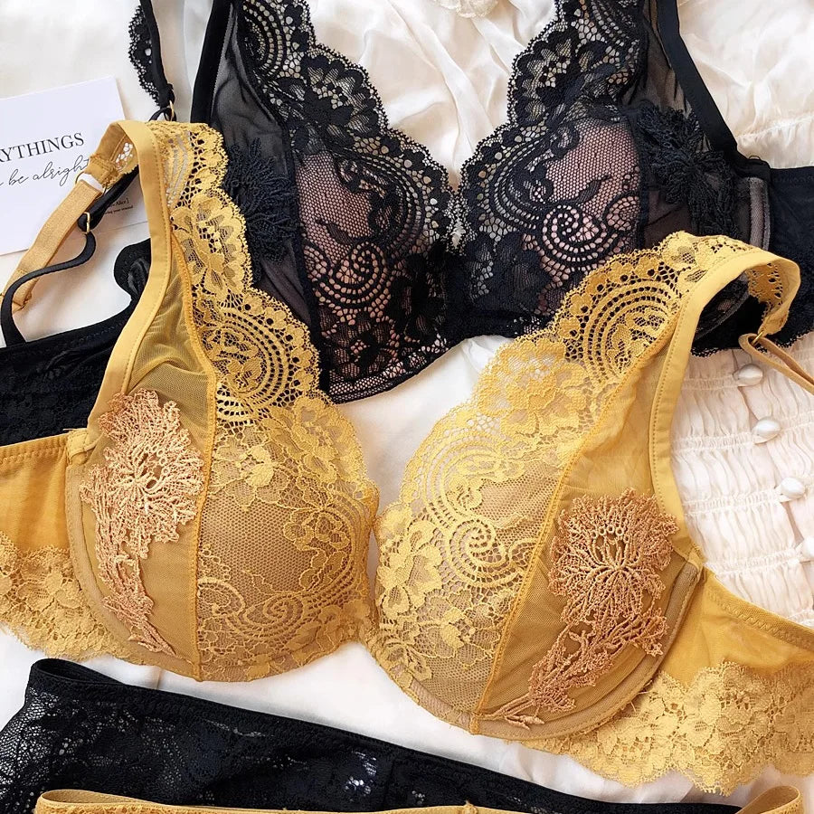 Full Lace Thin Cup Comfortable Young Girls Fashion Intimates, Wire Free Seamless Lingerie For Women Sexy Underwear Bra Pants