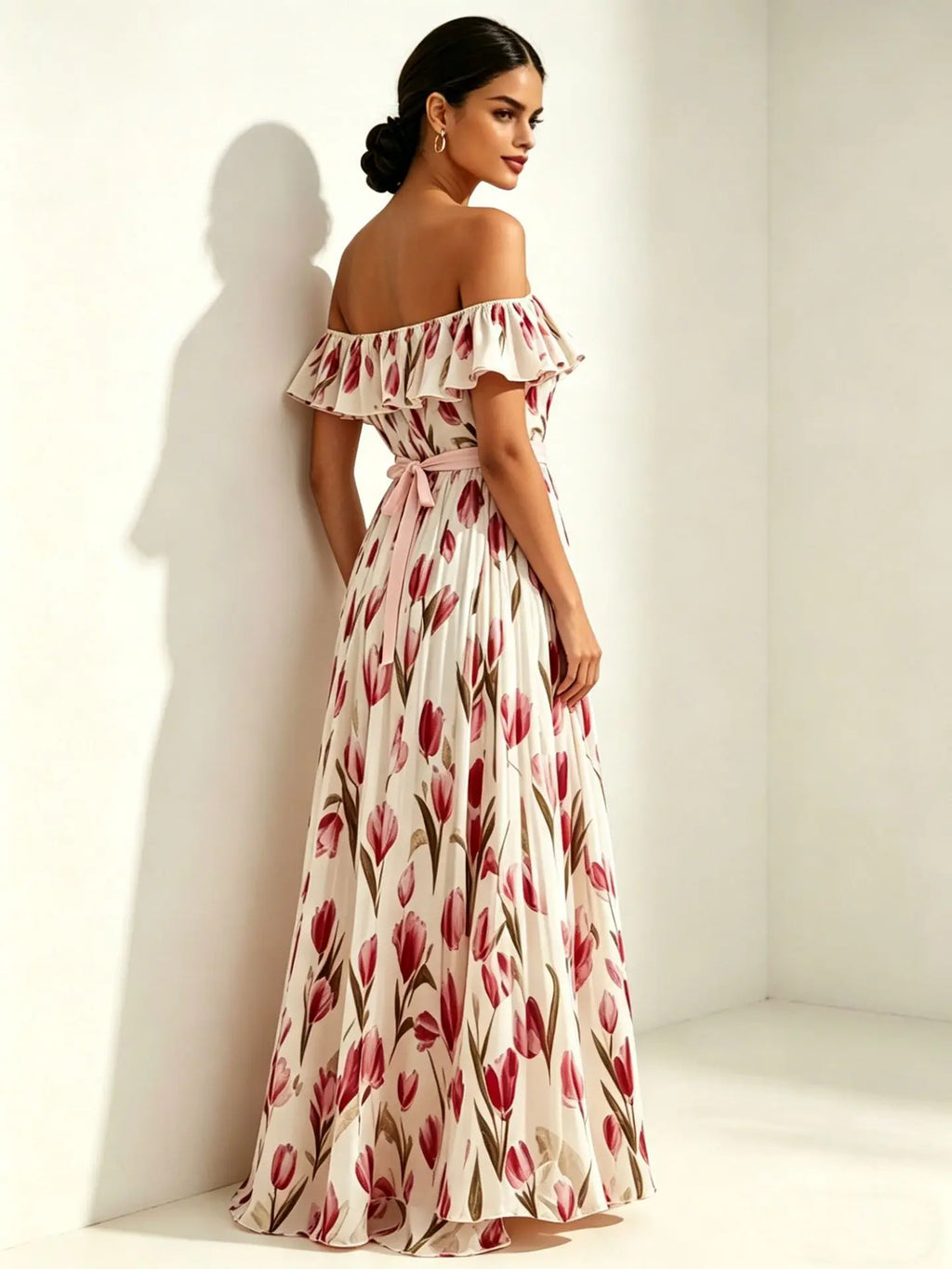 2026 summer off-the-shoulder tulip print plus size slimming square neck maxi dress