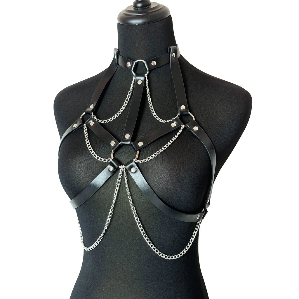 Women Fashion Belt Female Street Style Harness Adjustable Chest Belt with Chain Leather Waistband Gothic Clothing Accessories