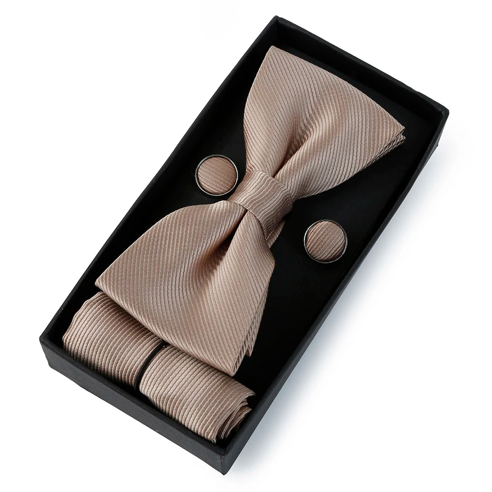 HUISHI Classic Black Bowtie Bow Ties For Mens Butterfly Bowknot Pocket Square Cufflinks Suit Set Bussiness Accessories Gift Box