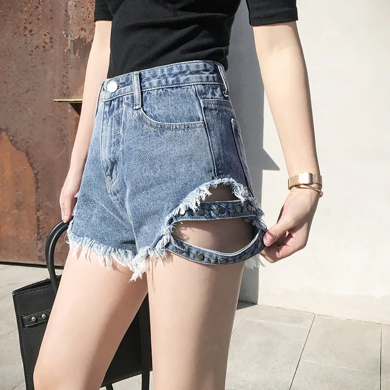 Summer Side Spike Women Denim Shorts 2021 Fashion Loose Holes High Waist Jeans High Street Wide Legs Thin Shorts Women Trousers