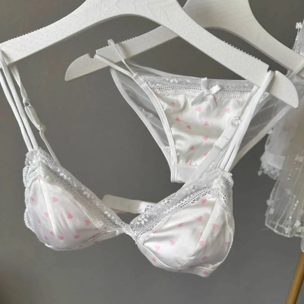 French Style Sweet Triangle Cup Lingerie Set Women Satin Lace Wireless Small Bust Gathered Thin Fabric Sexy Soft Underwear S-XL