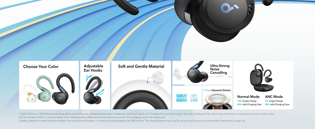 (EU stock)soundcore Anker Sport X20 Wireless Workout headphones Rotatable Extendable Ear Hooks Noise Cancelling