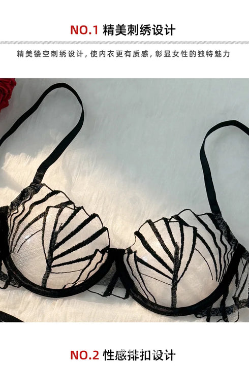 Black Lace Lingerie Set – Sheer Eyelash Mesh Push-Up Bra and Panty with Triangle Cup Design