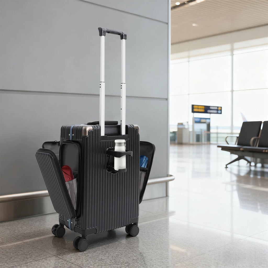 Modern 20in PC Luggage Suitcase Aluminum Alloy Hard Shell Travel Suitcase with 4 Wheels 3-open Structure for Trips