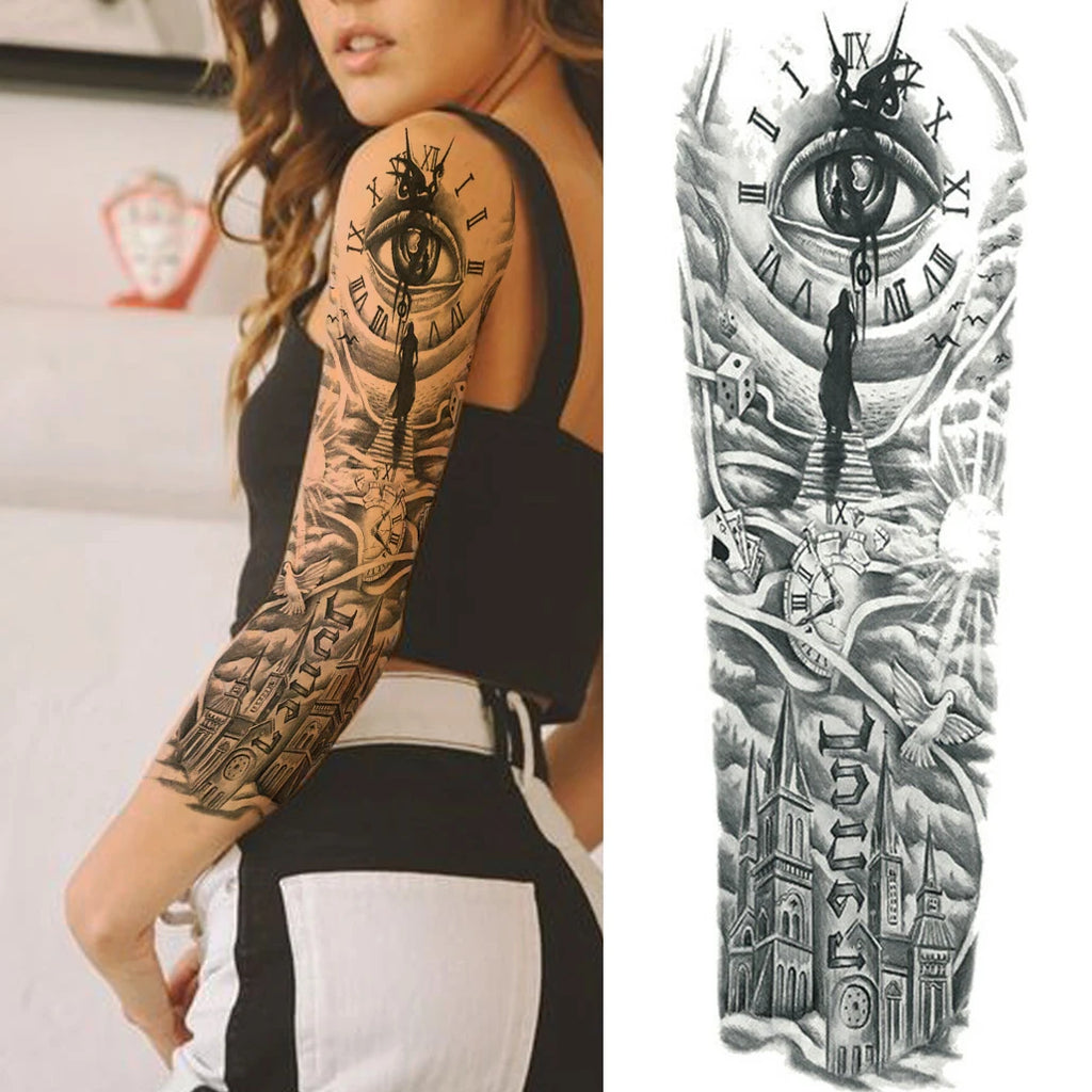 Compass Robot Arm Temporary Tattoos Sleeve For Men Women Realistic Fake Skull Angel Full Arm Tatoos Maori Totem Tattoo Sticker