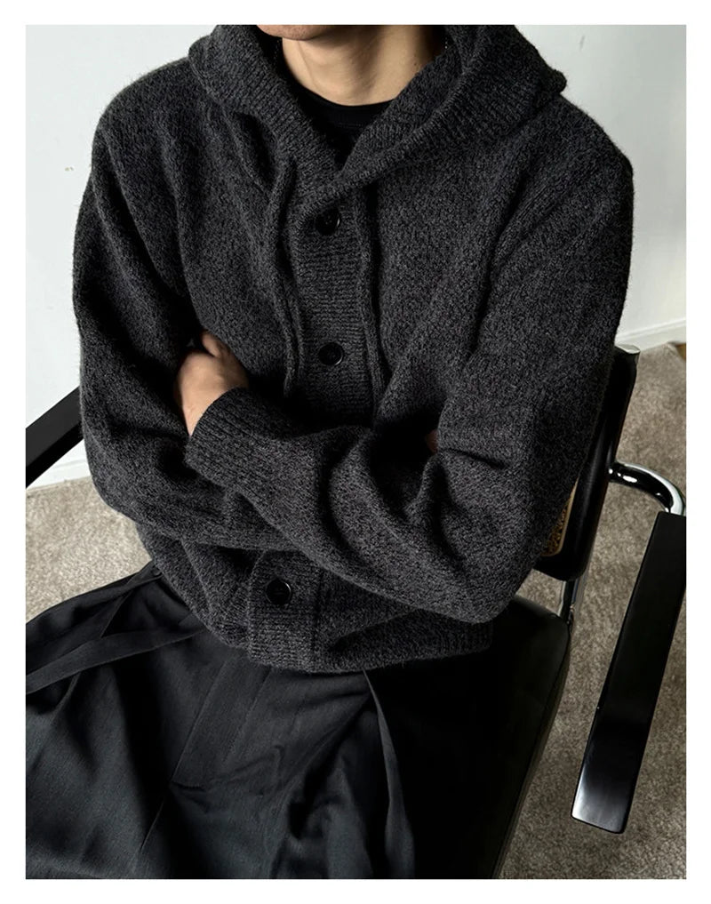 New Casual Luxury Hooded Knitted Cardigan For Man Korean Fashion Loose Button-up Sweater Y2K Vintage Streetwear Knitwear Coat