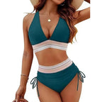 Sexy Deep V-Neck Bikini Swimsuit Set Women 2026 Summer Beach with Chest Cushion Swimwear High Waist Drawstring Triangle Bikini