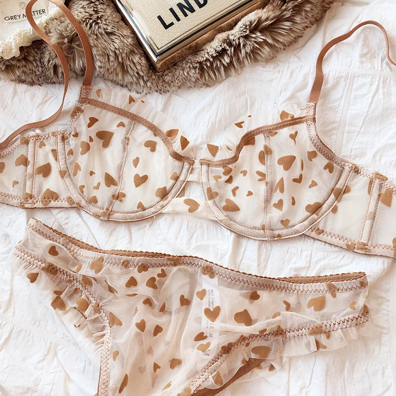 New Lingerie Thongs Set Sexy Ultra Thin Transparent Bra Women Underwire Push Up Bra Set Summer Romantic Peach Heart Underwear