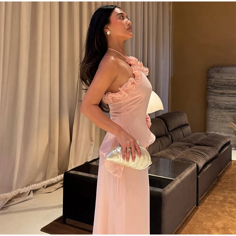 3D Prited Ruffle Women's Maxi Dress Halter Neck Trim Sleeveless Formal Evening Dresses 2026 Summer Wedding Guest Woman Vestidos
