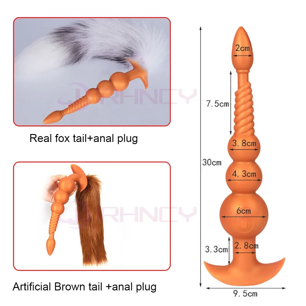 3-10cm Huge Anal Plug with Tail Sex Toys for Adult Games Couples DIY Cosplay Big Butt Plug Silicone Soft Long Anal Beads Women