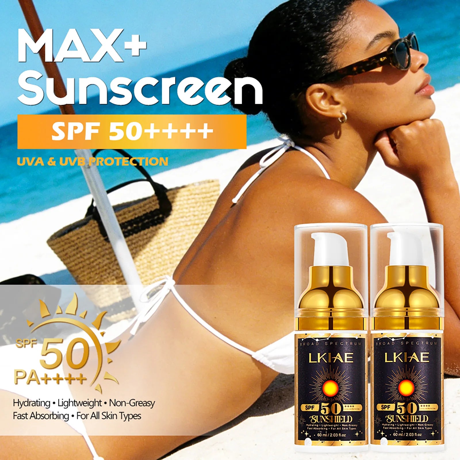 LKIAE Sunscreen, Broad Spectrum SPF 50, UVA/UVB, Lightweight & Non-Greasy, Sunblock, for Face, Body, Non-Comedogenic, 60ml Main image