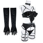 Sexy Hollow Out Bow Decor Lingerie Set Women Solid Exotic Apparel Suit Female Pure Desire Style Underwear with Garter and Gloves