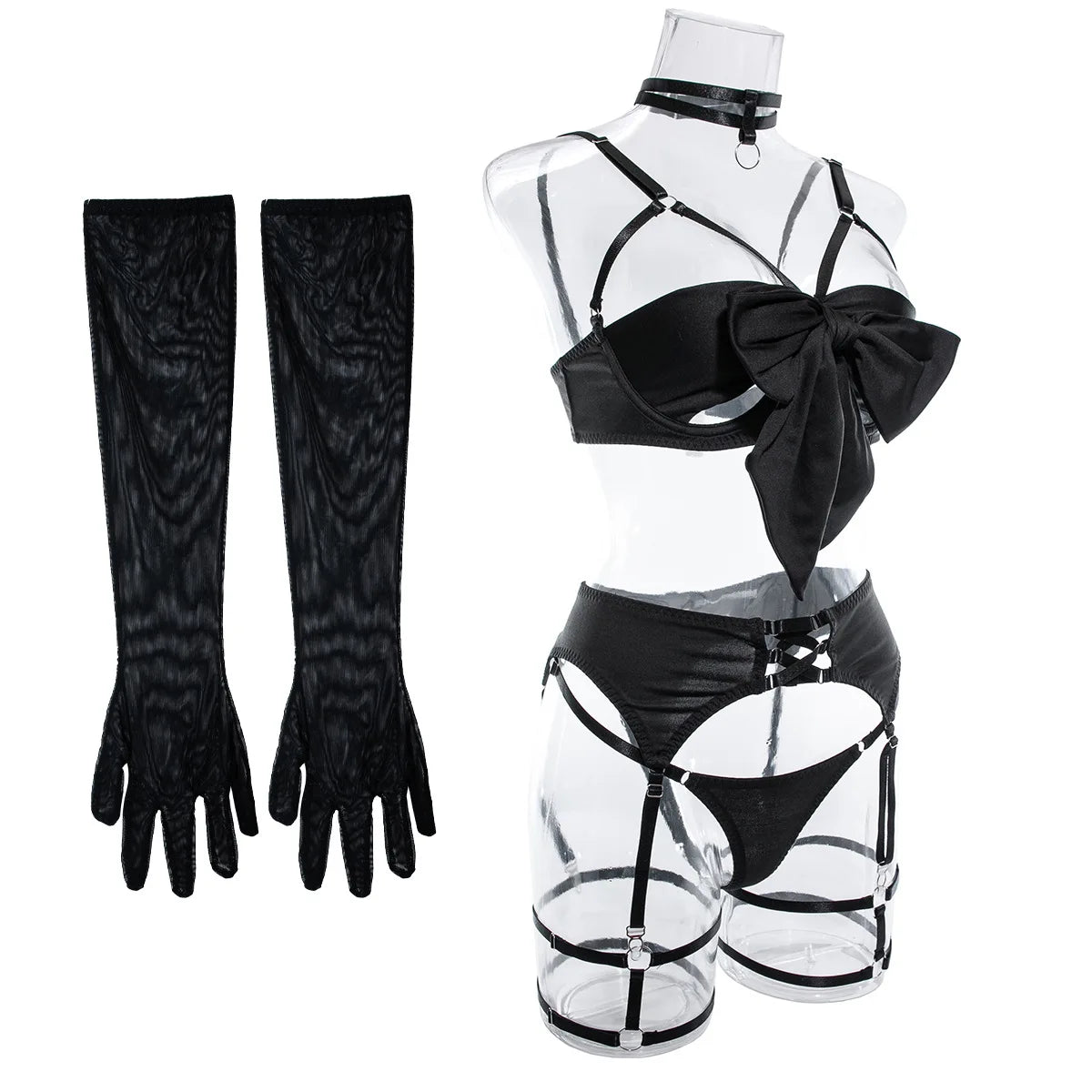 Sexy Hollow Out Bow Decor Lingerie Set Women Solid Exotic Apparel Suit Female Pure Desire Style Underwear with Garter and Gloves