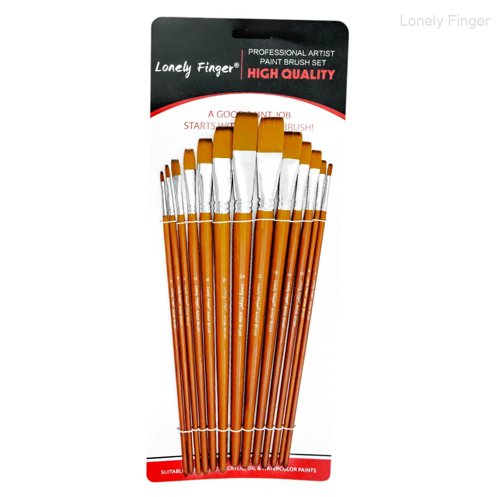 13 Pcs Long Handle Artist Paint Brush Set, 4 Tip Shapes :Pointed/Flat/Angled/Filbert for Multi-Media Art & Craft,Wooden Handle