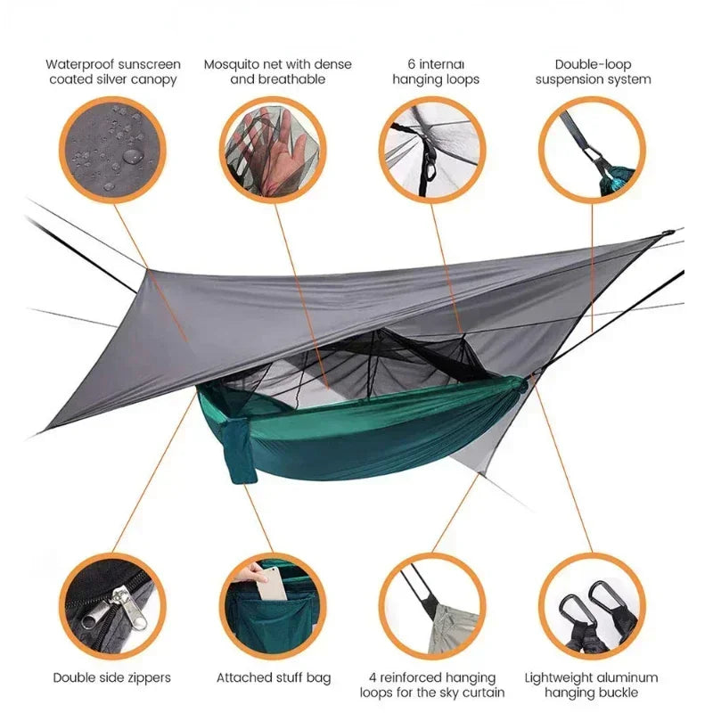 260x140cm Camping Hammock Double Size Parachute with Mosquito Net Rain Fly Tarp Lightweight for Hiking Travel Secondary image