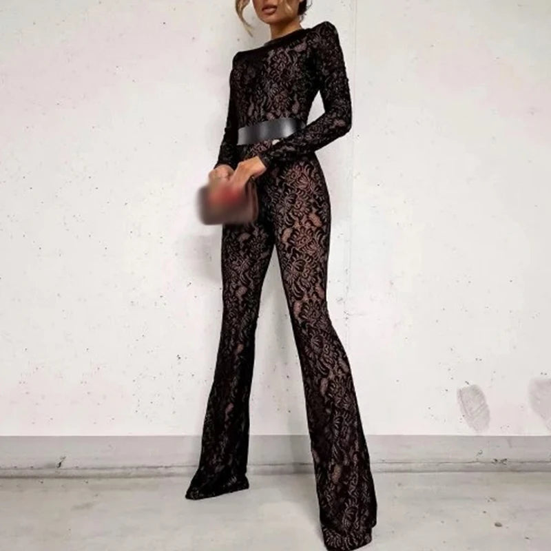 Women's Elegant Office Straight Pants Playsuit Sexy O Neck Lace Slim Club Jumpsuit Autumn Casual Long Sleeved High Waist Romper
