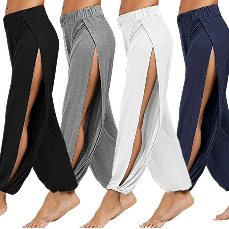 Summer High Slit Haren Pants for Women Sports Yoga Pants Solid Loose Hippie Harem Wide Leg Pants Trousers