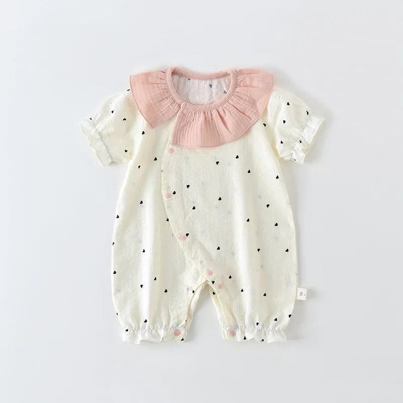 Baby Girls Summer Cute Heart Print Romper Ruffle Collar Infant Onesies Cotton 0-24M Newborn Comfort Jumpsuit Outfit