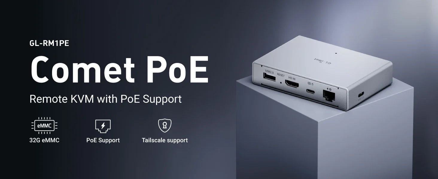 GL.iNet Comet PoE (GL-RM1PE) Internet Remote KVM, PoE/Type-C power, 4K@30Fps, 32GB EMMC, Tailscale, power mgmt, for KVM Switche