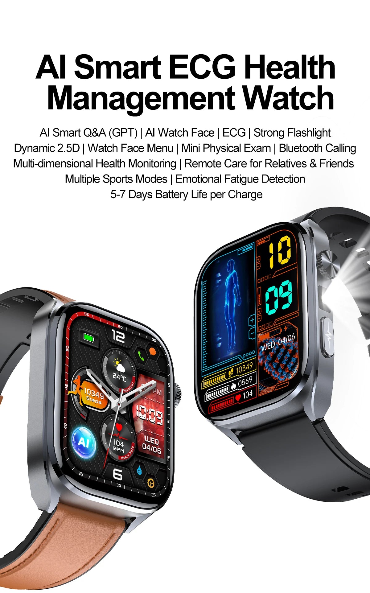 New Health Watch Uric Acid Blood Pressure Blood oxygen Body Analysis Body Fat SmartWatch ECG+PPG Bluetooth call Clock Women Men