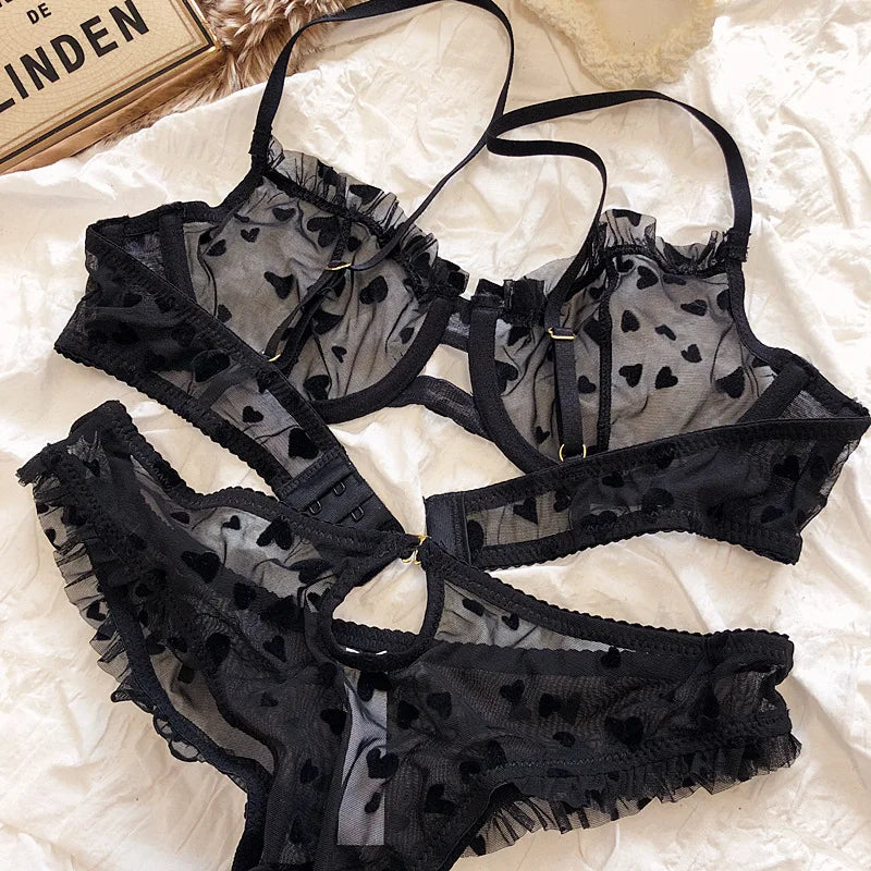 New Lingerie Thongs Set Sexy Ultra Thin Transparent Bra Women Underwire Push Up Bra Set Summer Romantic Peach Heart Underwear