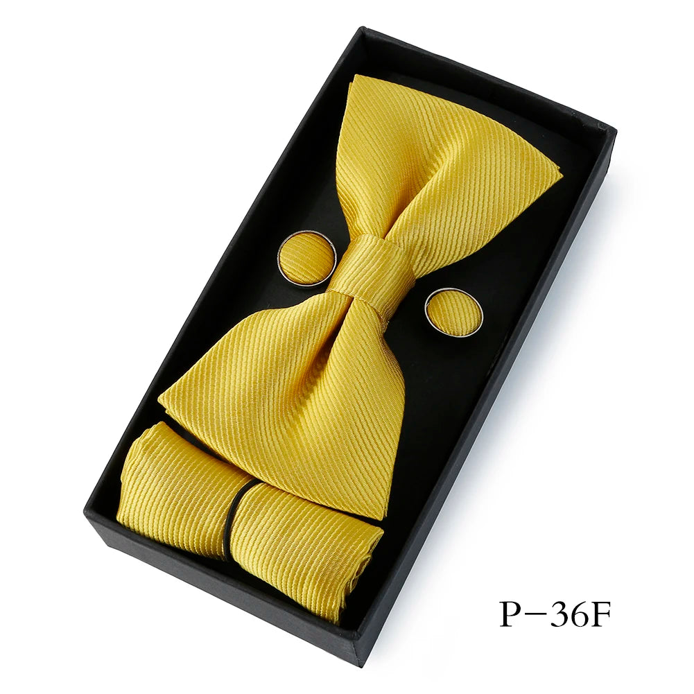 HUISHI Classic Black Bowtie Bow Ties For Mens Butterfly Bowknot Pocket Square Cufflinks Suit Set Bussiness Accessories Gift Box