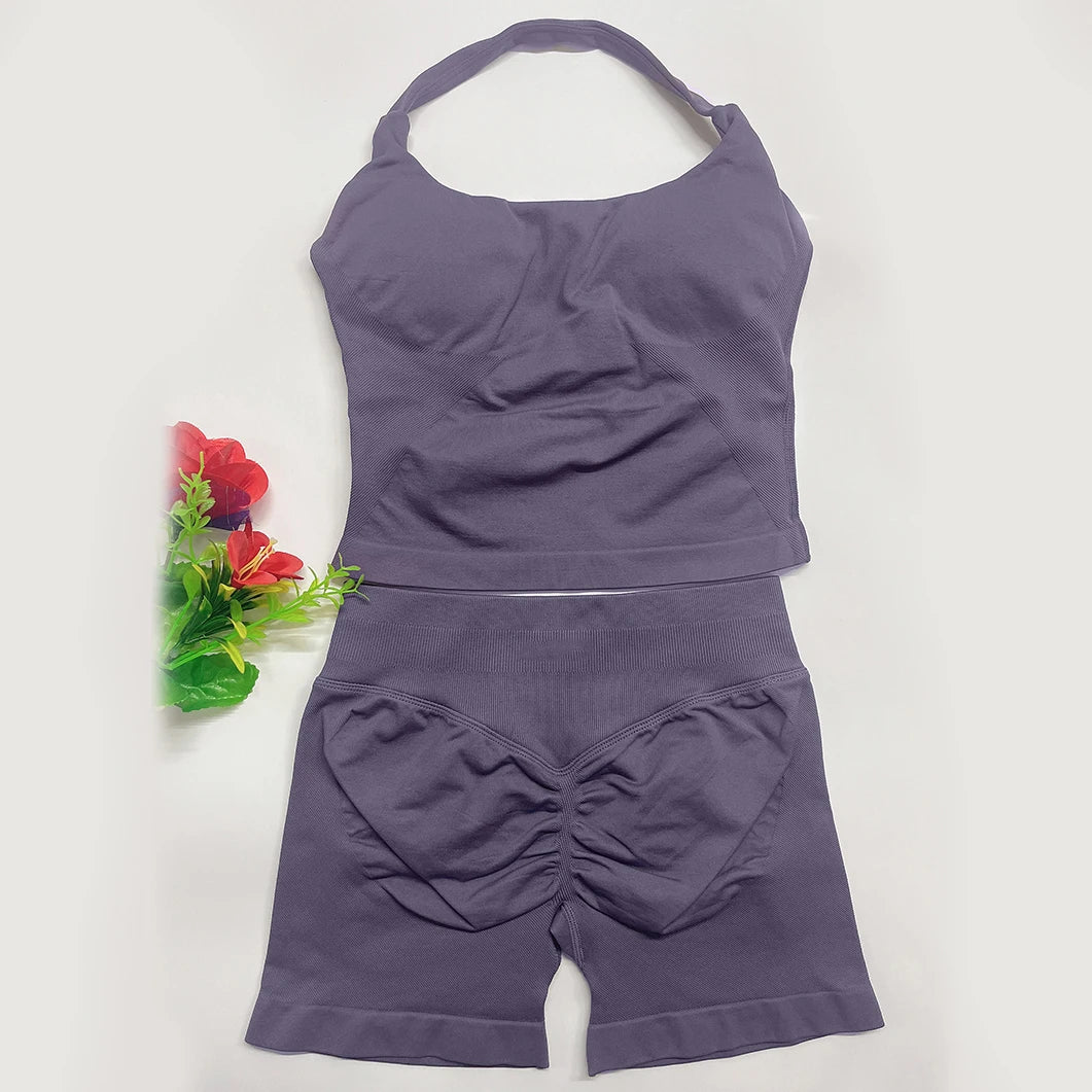 yoga outfits Women 2 pcs Sports DFNNYE Impact Set halterneck Backless Halter Top Seamless Scrunch Shorts Gym Workout Sports Suit