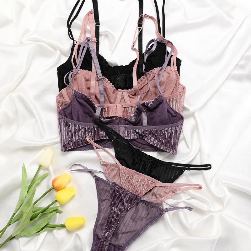 Hot Sale V-shape Underwire Ribbed Women Bra and Briefs Set Polyamide Women Underwear Sets Push-up Bra and Thongs Set Secondary image