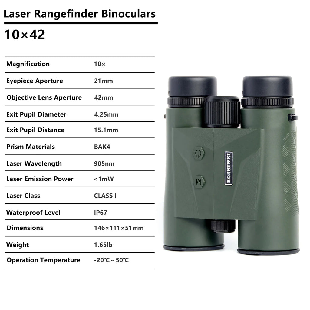BOSHIWEI 10x42 HD Binoculars with Laser Rangefinder IPX7 Waterproof Ergonomic Design for Long Time Outdoor Viewing and Measuring