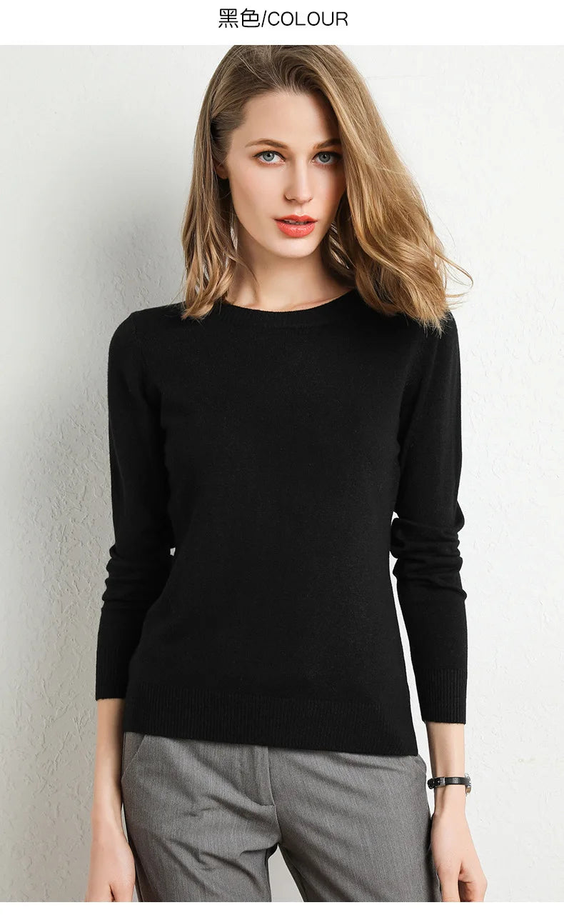 Women Slim O-Neck Pullover Cashmere Wool Blending Sweater Autumn And Winter Long-Sleeved Knit Bottoming Shirt Large Size 2024