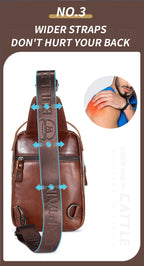 BULLCAPTAIN Men's Genuine Leather Chest Bag Casual Retro 7.9-inch Mobile Phone Bag Multifunctional Anti-Theft Crossbody Bag