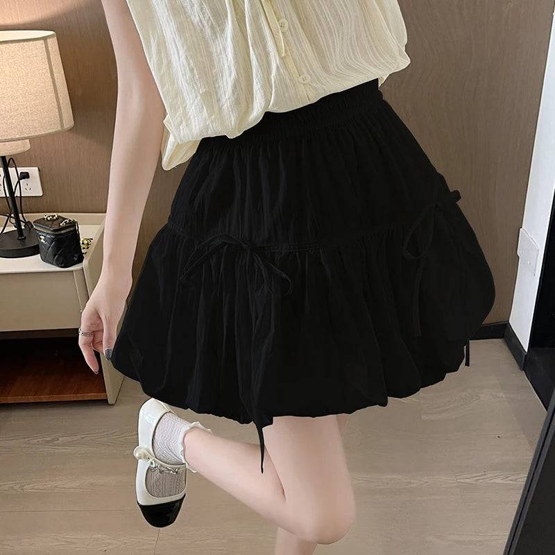 Sweet Bow Pleated Fluffy Skirts for Women Summer Korean Style Elastic Waist Lantern Skirt Woman Loose White A-Line Short Skirts