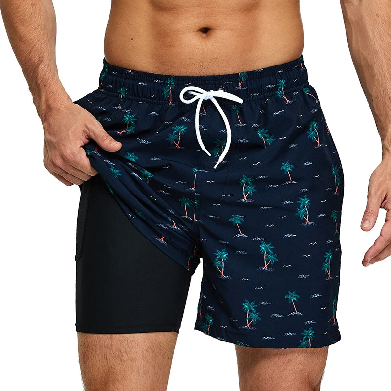 ESCATCH 2026 New Arrival Mens Swimming Trunks Compression Liner 2 in 1 Printing Quick-Dry Gym Sports Mens Shorts Zipper Pockets