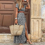 2024 Summer Bohemian Women's Long Dress V Neck Short Sleeve Floral Printed Beach Elegant Vintage Dress with Belt