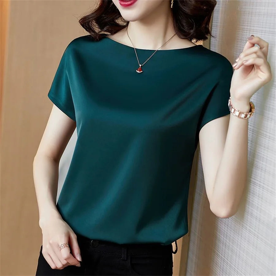 Office Lady Tops Summer Short Sleeve O-Neck Blouses Satin Blouse Women Shirts Simple Solid Casual Loose Shirt Blusas DF4904 Main image