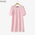 ZANZEA Summer Women's Openwork Embroidered Dresses O-Neck Half Puff Sleeve Contrast-Trim Knee-Length Dress Casual A-Line Robes