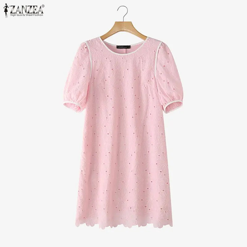 ZANZEA Summer Women's Openwork Embroidered Dresses O-Neck Half Puff Sleeve Contrast-Trim Knee-Length Dress Casual A-Line Robes