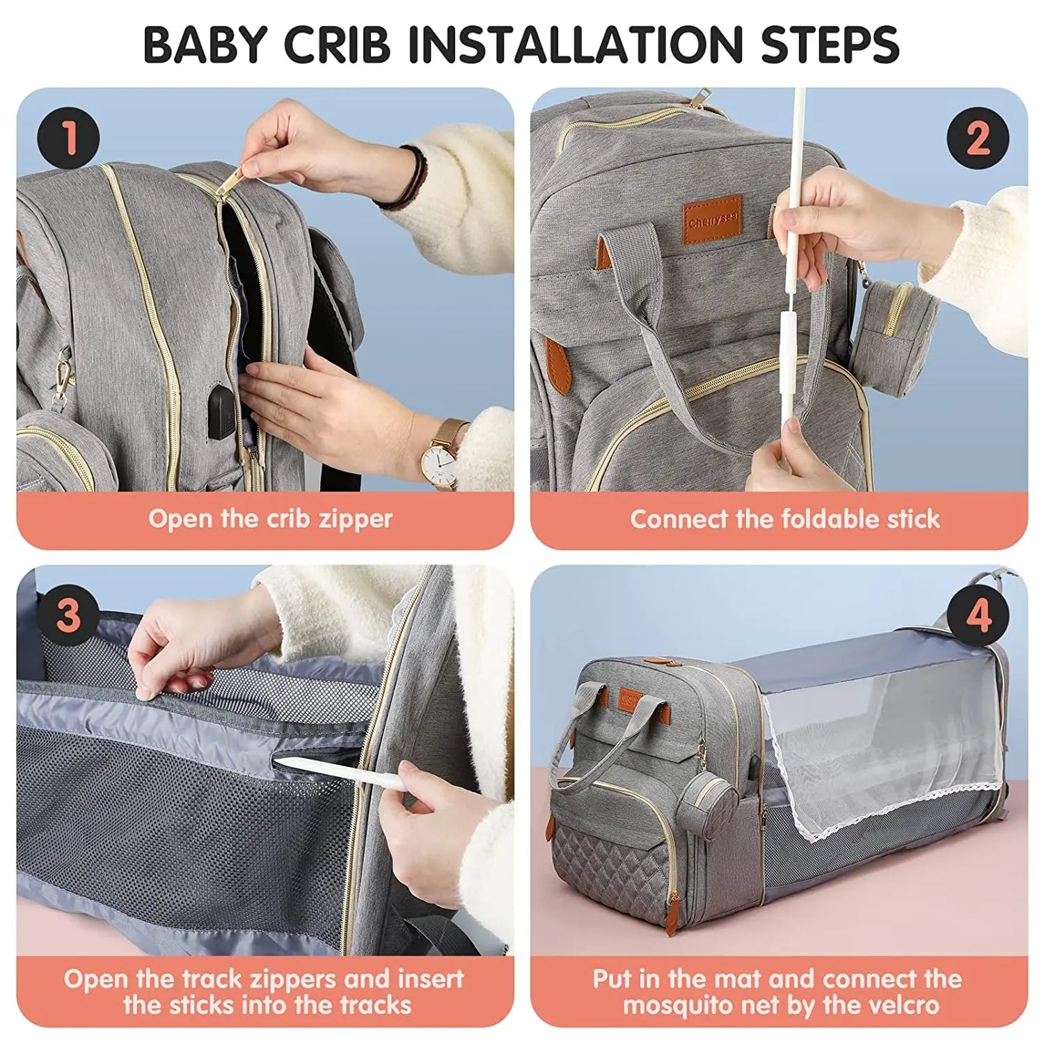 3 In 1 Diaper Bag Backpack Foldable Baby Bed Waterproof Travel Bag with USB Charge Diaper Bag Backpack with Changing Bed 3 types Secondary image