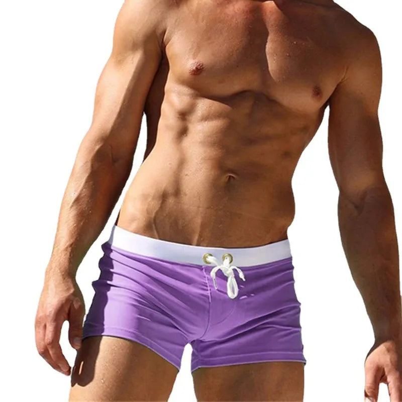 2025 Solid Color Low-Rise Men's Swim Trunks | Zip-Fly with Drawstring & Back Zipper Pocket for Secure & Discreet Wear