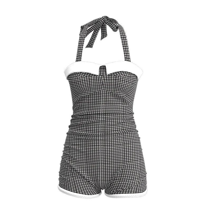 USPOP Vintage Gingham One-Piece Swimsuit for Women, Retro Halter Neck Bathing Suit, Comfortable Summer Beachwear