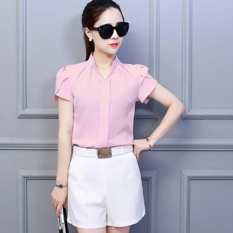 Women Casual Chiffon Shirt Summer Short Sleeve Elegant Blouse Female Formal Office Chiffon Tops Solid Color Loose Tops Main image