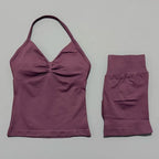 2 Pieces Sports Set Women Backless Halter Tops Fitness Tank Top High Waist Seamless High Stretch Shorts Gym Workout Sets