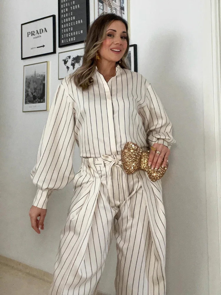 HH Women 2026 New Fashion Versatile Beige Striped Puffy Sleeve Shirt+High Waisted Loose Pleated Casual Long Pants Two Piece  Set Secondary image