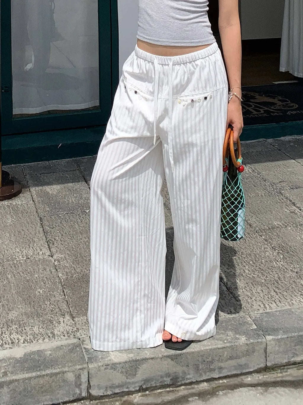 Women White Striped Wide Leg Pants Summer Loose Straight Leg Trousers Slimming Floor-length Casual Long Pants for Daily Wear