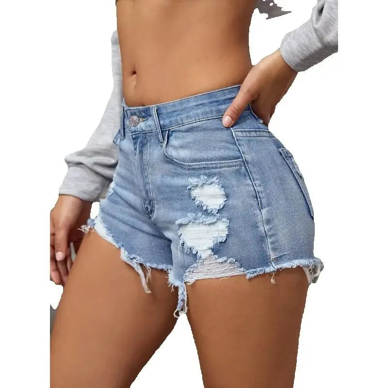 Women Ripped Denim Shorts Raw Hem Distressed A-line High Waist Summer Streetwear Skinny Hot Pants Fashion Leisure Clothing Secondary image