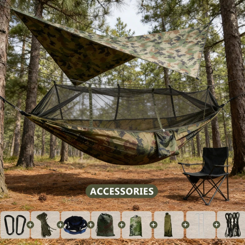 260x140cm Camping Hammock Double Size Parachute with Mosquito Net Rain Fly Tarp Lightweight for Hiking Travel Main image