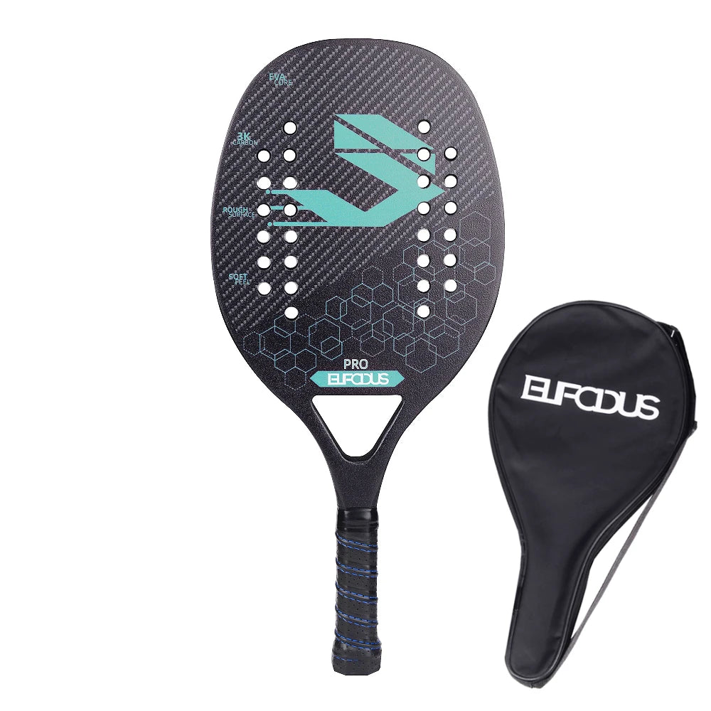 Full Carbon 3K Fiber Beach Tennis Racket Rough Surface Professional Racquet for Men and Women with Protective Bag Cover