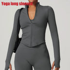 Women's Zipper Crop Sports Jacket Long Sleeve Yoga T-Shirt Solid Quick Dry Fitness Top Gym Running Workout Sportswear